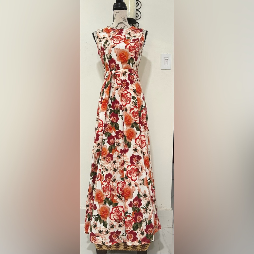 Haani Floral A-Line Maxi Dress in White with Red & Orange Roses